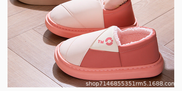 New Leather Waterproof Cotton Slippers for Women in Winter Indoor Thick-Soled Warm Home Fleece-Lined Bag and Couple Wool Slippers for Men