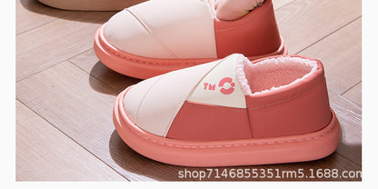 New Leather Waterproof Cotton Slippers for Women in Winter Indoor Thick-Soled Warm Home Fleece-Lined Bag and Couple Wool Slippers for Men