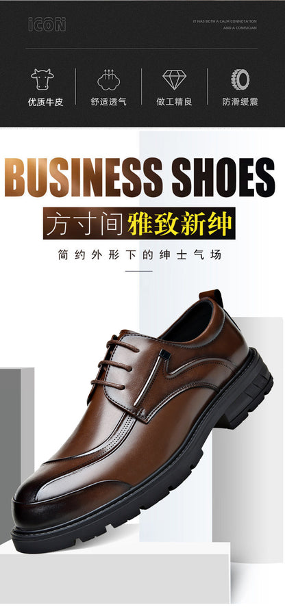 Men's Business Casual Leather Shoes with Large Toe, Thick Sole, Lace-Up, Hollow-Out Design, Fashionable British Style, Versatile Formal Men's Shoes, Breathable