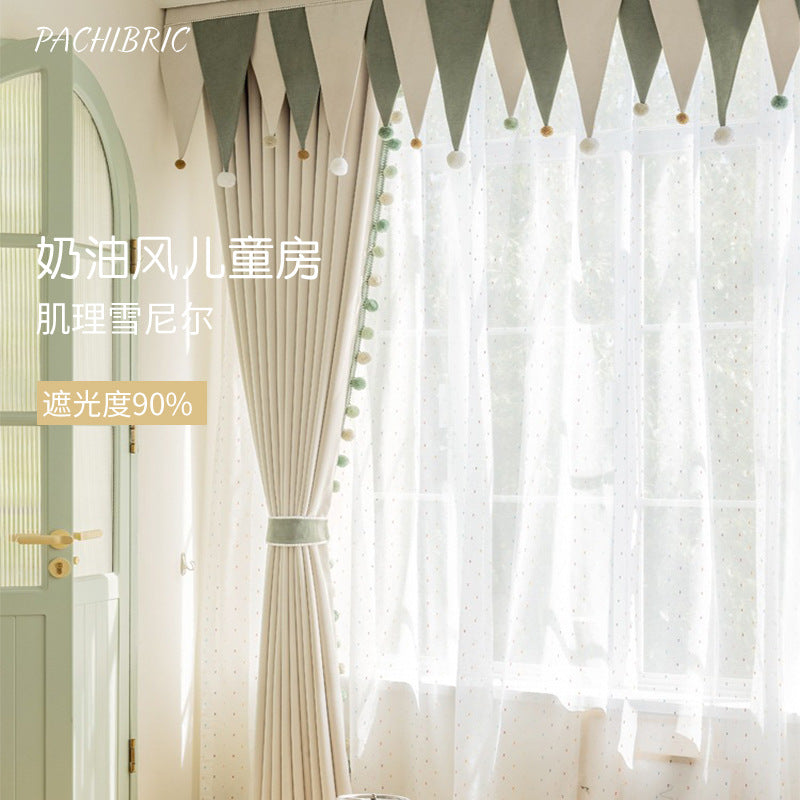 Cream-Colored Chenille Blackout Curtains for Children's Room, Sleeping Beauty Style, with Pom-Pom Design, Custom-Made Finished Product