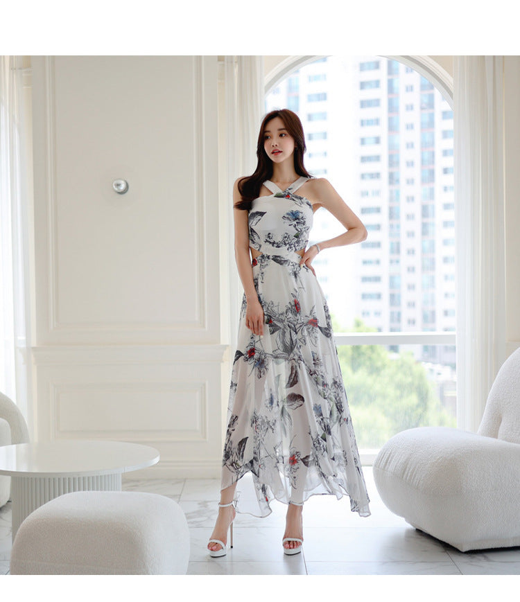 Foreign Trade Women's 2025 Summer New Temperament Sling Long Dress Fashion Waist Chiffon Printed Large Swing Dress dress