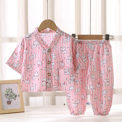Children's Home Clothes Cotton Silk Suit Summer Boys and Girls Pajamas Artificial Cotton Two-Piece Set Cotton Silk Air-Conditioned Clothes Kidsren's Clothing