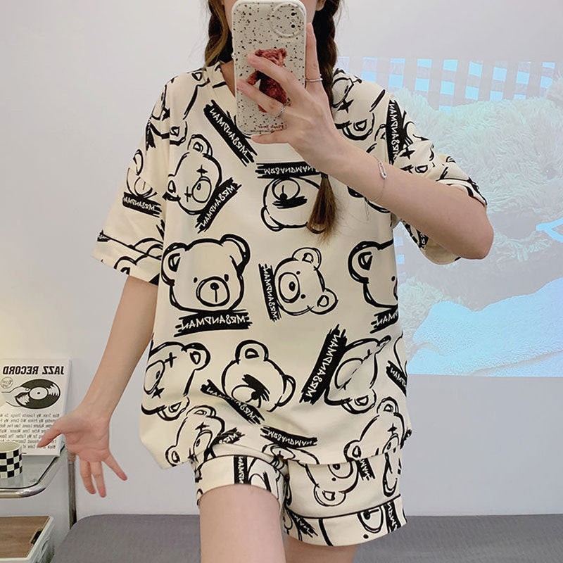 New Style Pajamas Women's Summer Short-sleeved Pullover Thin Cartoon Cartoon Bear Girl Home Clothes suit Women's Outwear