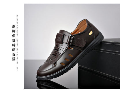 Leather cowhide special clearance shoes hollow leather sandals men's casual hole shoes middle-aged business dad shoes