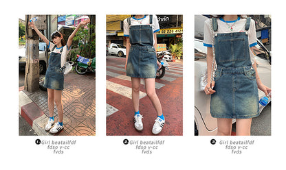 YC & American Retro Sweet Girl Strap Skirt A- line Skirt Slimming Joker dress Denim Skirt Spring and Summer