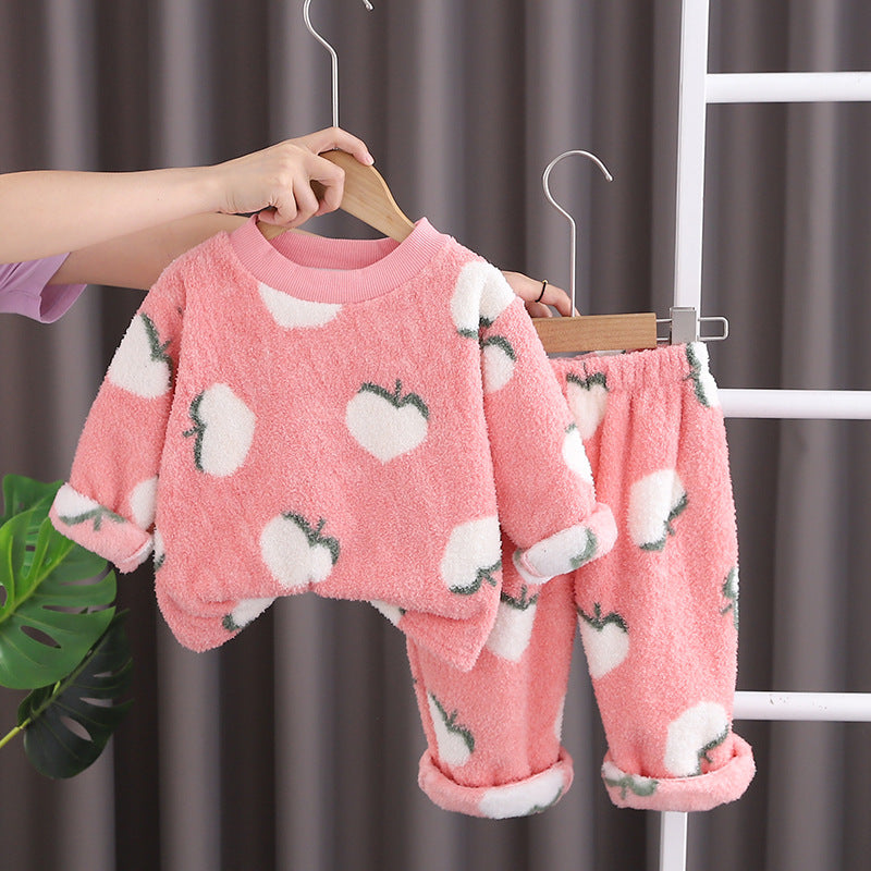 Free Shipping Yukids Kidsren's Autumn and Winter Home Clothes Set for Men and Women Baby Flannel Fruit Warm Two-Piece Set