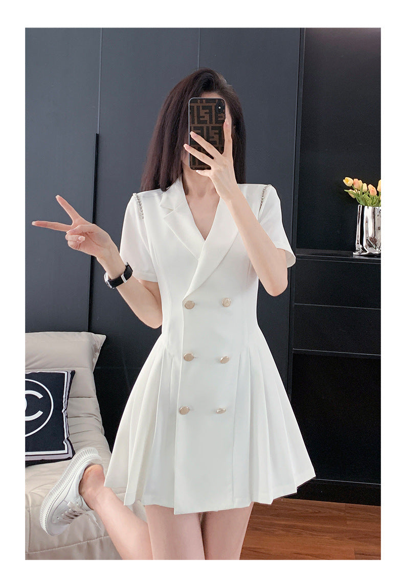 French Hepburn Style Small Black Dress High Sense High Cold Royal Sister Fried Street Small Fragrance Style Pleated Professional Suit dress Summer