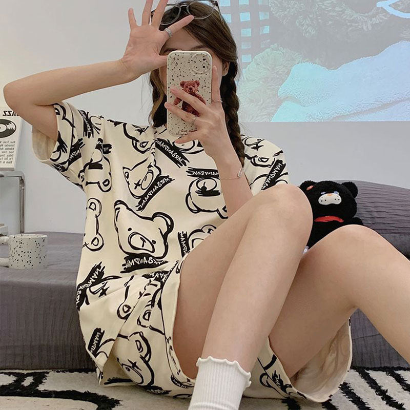 New Style Pajamas Women's Summer Short-sleeved Pullover Thin Cartoon Cartoon Bear Girl Home Clothes suit Women's Outwear