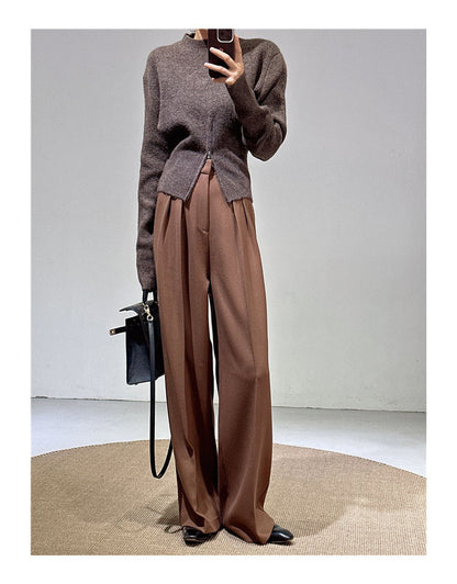 Spring and Autumn New Style Old Money Style Brown Coffee Color Suit Pants for Women, Wide-Leg Pants with Drape Effect, Slimming, Extended Length for Tall Individuals, Straight-Leg Pants