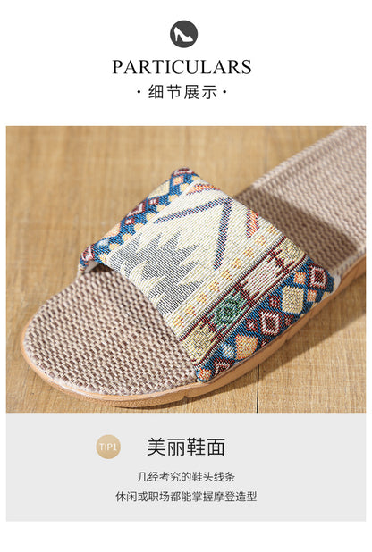 Four Seasons Home Linen Slippers Fashion Printed Thick Sole Non-Slip Sweat-Absorbent Wear-Resistant Large Sole Couple Linen Slippers Ethnic Style
