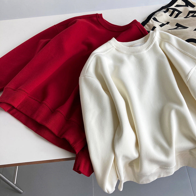 Luxi 2025 Autumn and Winter New Style Velvet Thickeneded Burgundy Sweatshirt for Women Korean Style Normcore Long-Sleeved Pullover Top 2628