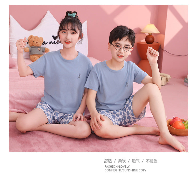 Children's Pajamas, Pure Cotton, Summer Short-Sleeved Shorts Set for Boys, Home Clothes for Girls, Air-Conditioned Clothes for Middle-Aged and Older Boys