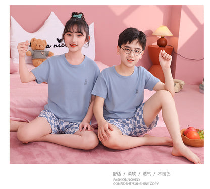 Children's Pajamas, Pure Cotton, Summer Short-Sleeved Shorts Set for Boys, Home Clothes for Girls, Air-Conditioned Clothes for Middle-Aged and Older Boys