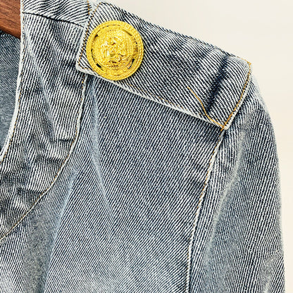 In Stock 2026 European and American Celebrity Style New Round-Neck Lion Buckle Ultra-Short Washed Denim Jacket