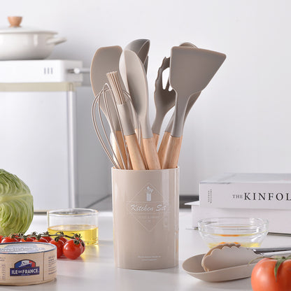 Wholesale Wooden Handle Silicone Kitchenware 12 Pieces suit Household Non-Stick Cooking High Temperature Resistant Cooking Silicone Spoon suit