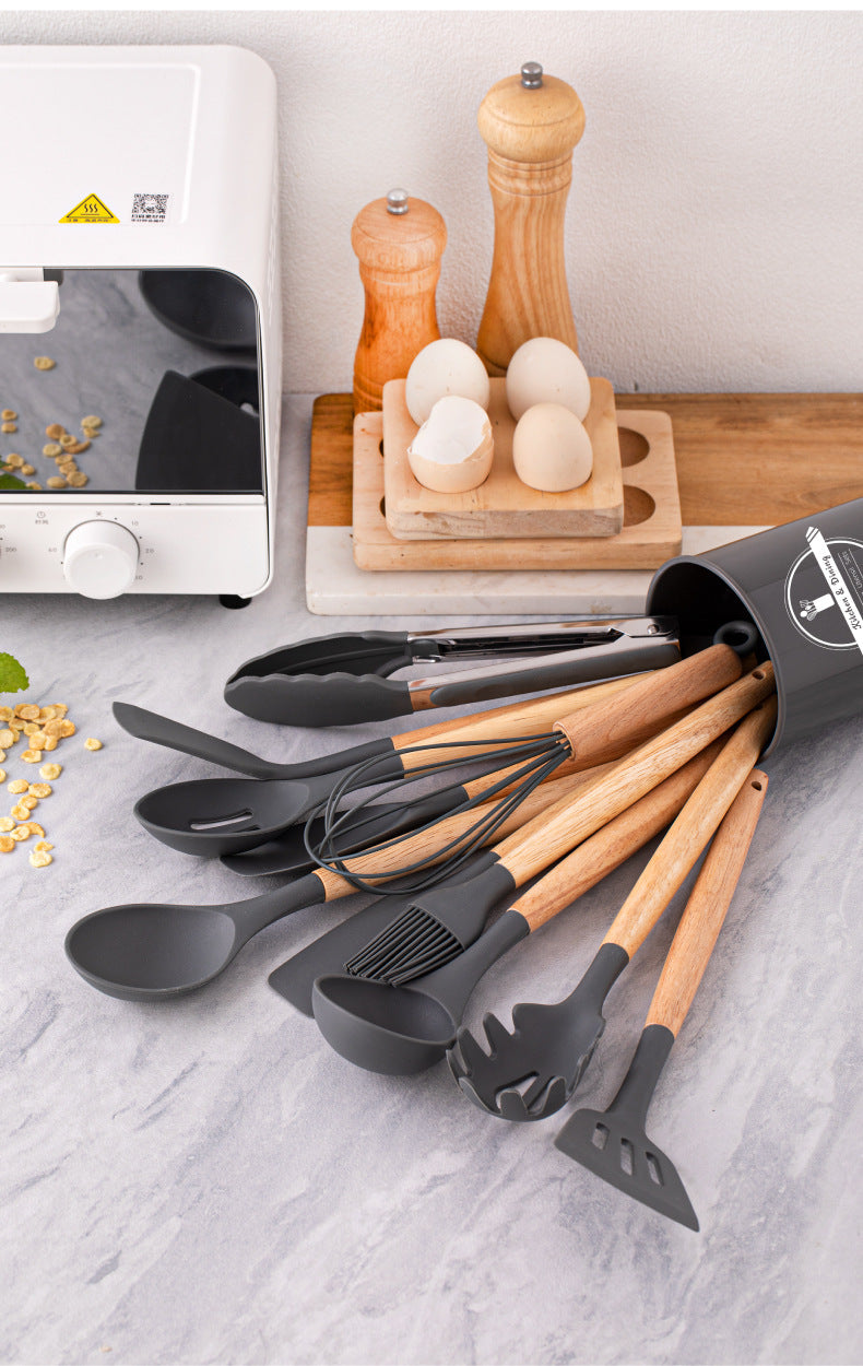 Wholesale Wooden Handle Silicone Kitchenware 12 Pieces suit Household Non-Stick Cooking High Temperature Resistant Cooking Silicone Spoon suit