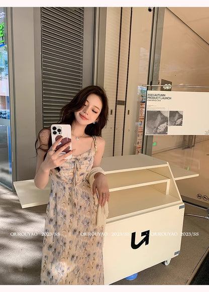 French Style Waisted Gentle Floral dress Women's Seaside Beach Vacation Fairy dress Elegant Pure Slip Dress