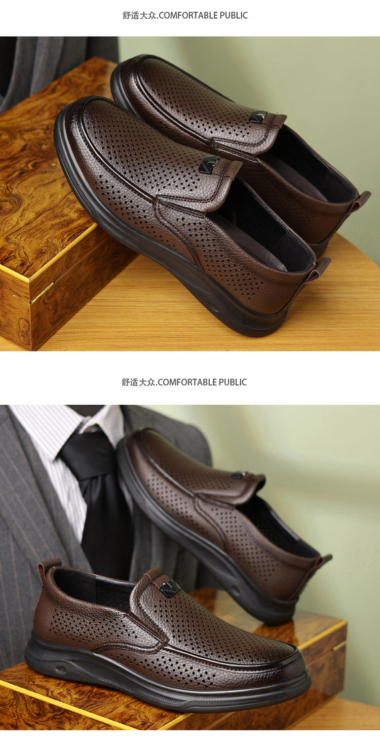 Summer Men's Shoes for Middle-Aged and Elderly People, Genuine Leather Breathable Men's Sandals, Leather Shoes, Soft Soles, Hollow Casual Shoes, Clogs
