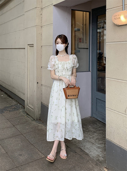Gentle Floral Dress for Women, Summer 2026 New Chiffon Seaside Vacation First Love Dress, Puff Sleeve Long Dress