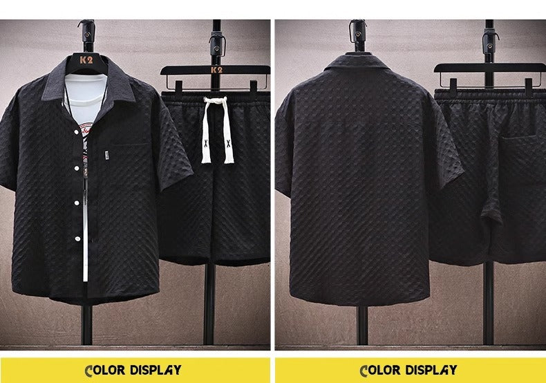 Thin sports leisure two-piece 2024 summer ice silk suit men's ruffian handsome fashion short sleeve shirt shorts set