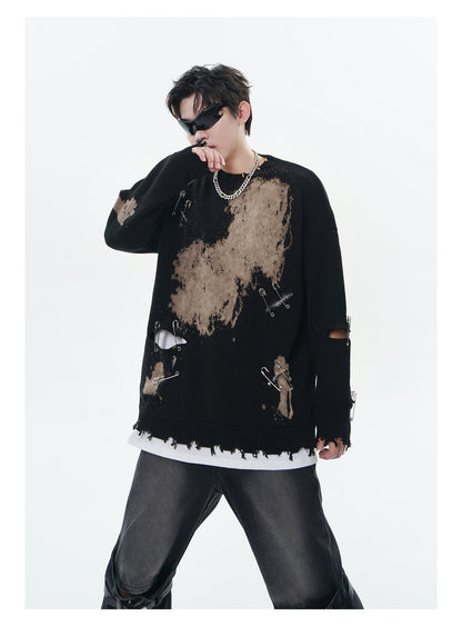 TIDE CARD LOG | Autumn and winter high street fashionable design faded pin ripped couple round neck loose sweater