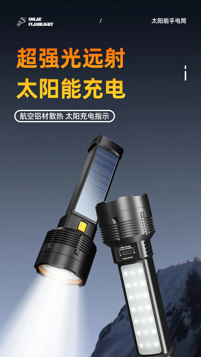 Strong solar flashlight super bright outdoor explosive long endurance with charging portable handheld 100,000 lumns light