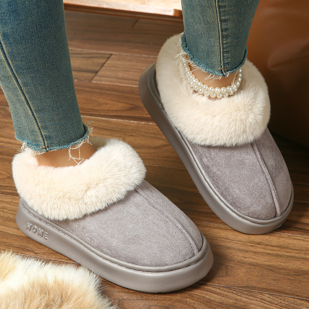 2025 Cross-Border New Pure Color Suede Splicing Home Slippers Thick-Soled Non-Slip Plush Warm Couple Cotton Shoes for Women