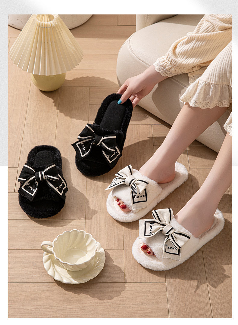 Foreign Trade Cross-Border Open-Toe Furry Bow Women's Indoor Home Wooden Floor Four-Season Furry Slippers
