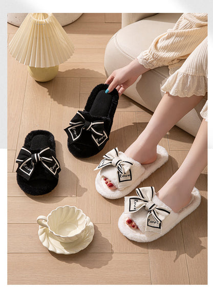 Foreign Trade Cross-Border Open-Toe Furry Bow Women's Indoor Home Wooden Floor Four-Season Furry Slippers