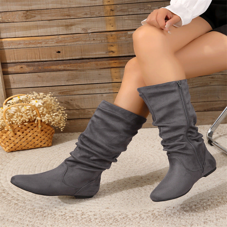 Free Shipping Cross-Border Pleated Fashion Boots with Inner Zipper, Flat Comfortable Women's Boots, Versatile European and American Style Flat Mid-Calf Boots
