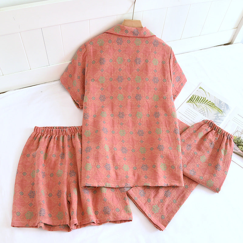 Yarn-dyed cotton pajamas women's summer short-sleeved printed summer retro loose home wear three-piece set can be worn outside