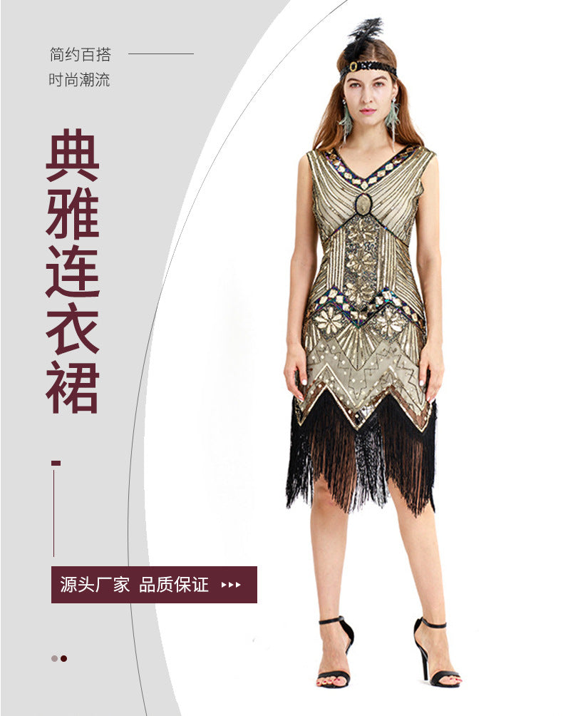 S-4Xl Amazon Wish Real Shot 1920S Retro Sequin Dress Handmade Beaded Tassel Plus Size Evening Dress