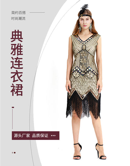 S-4Xl Amazon Wish Real Shot 1920S Retro Sequin Dress Handmade Beaded Tassel Plus Size Evening Dress