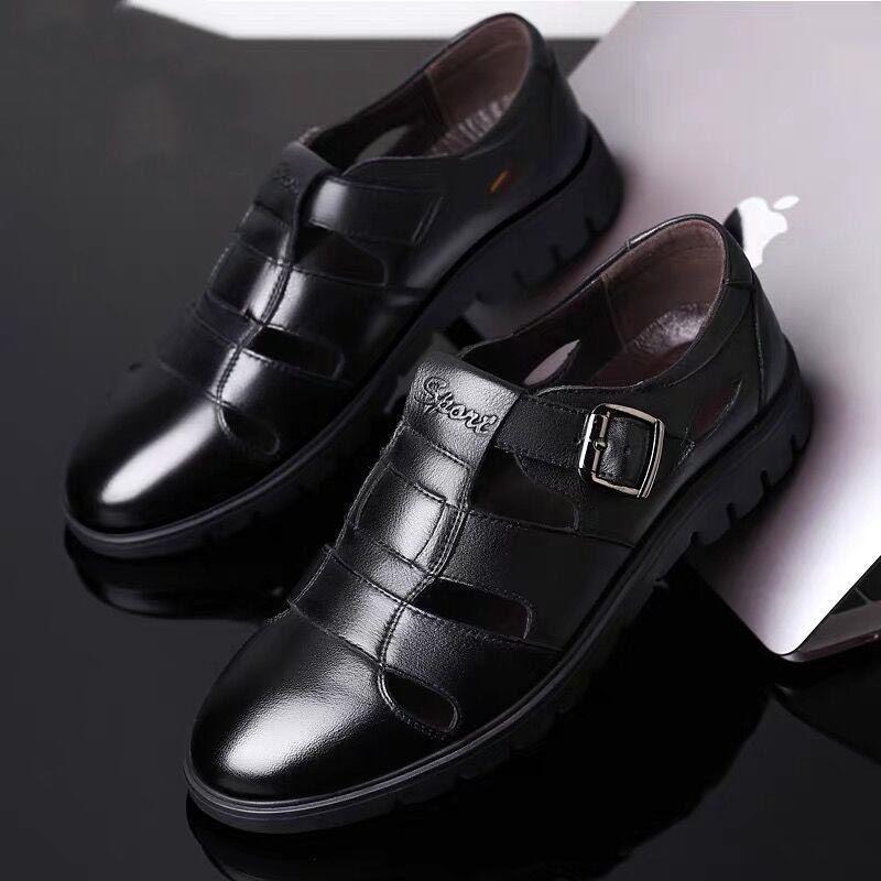 Leather cowhide special clearance shoes hollow leather sandals men's casual hole shoes middle-aged business dad shoes