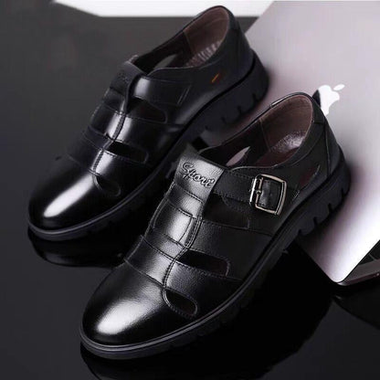 Leather cowhide special clearance shoes hollow leather sandals men's casual hole shoes middle-aged business dad shoes