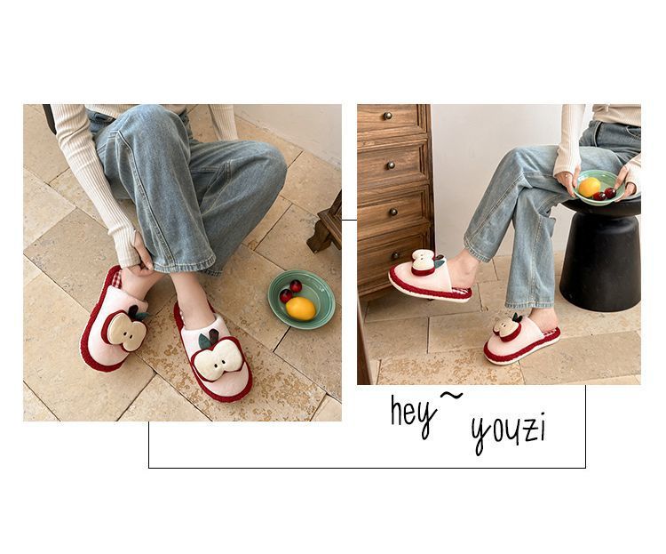 Apple Cute Closed-Toe Plush Cotton Slippers for Women, Winter 2026 New Model, Indoor Home Warm Non-Slip Odor-Resistant