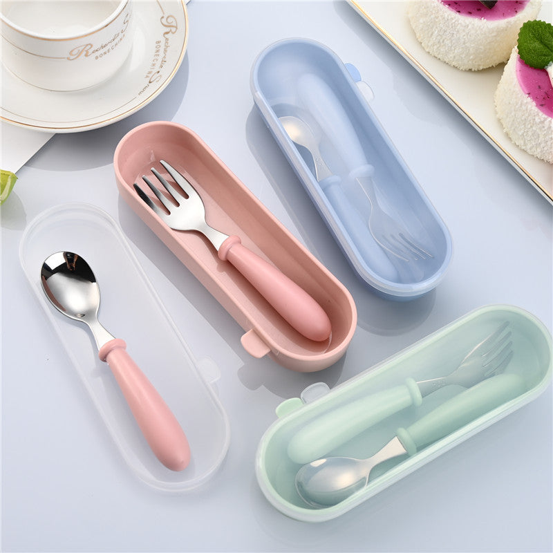 Children's 304 stainless steel fork spoon suit baby complementary food training eating spoon portable feeding tableware spoon