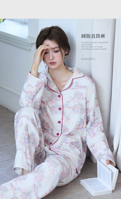 New Cotton Thickened Edge Four-Layer Gauze Women's Pajamas Cotton Warm Long-Sleeved Home Clothes for Autumn and Winter suit