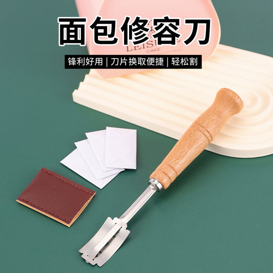 Wooden Handle Curved Bread Cutter Creative Stainless Steel Bread Trimming Knife Dough Dividing Knife European Style Baguette Cutting Pattern by PDG ibma
