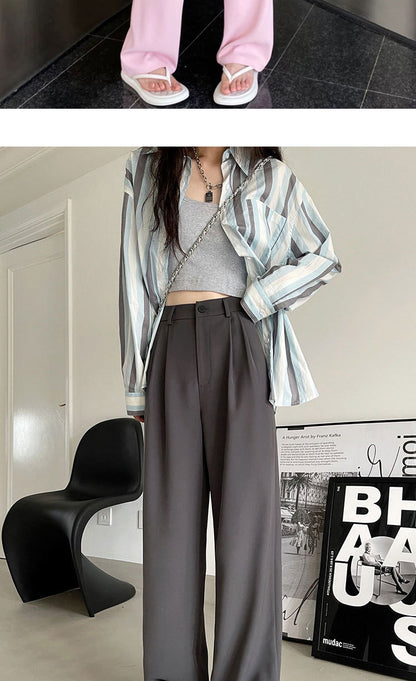 Gray Suit Pants for Women Spring and Summer New High-Waisted Double Pleated Slim Floor-Length Trousers Casual Straight Wide-Leg Pants