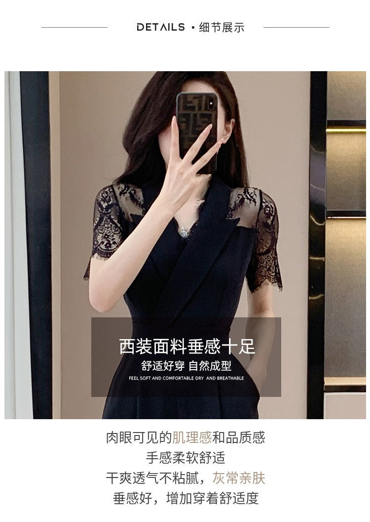 Cross-border High Leng Yujie Style Pants Women's Summer Short-sleeved High Waist Lace Stitching Hollow-out Pants Straight Pants