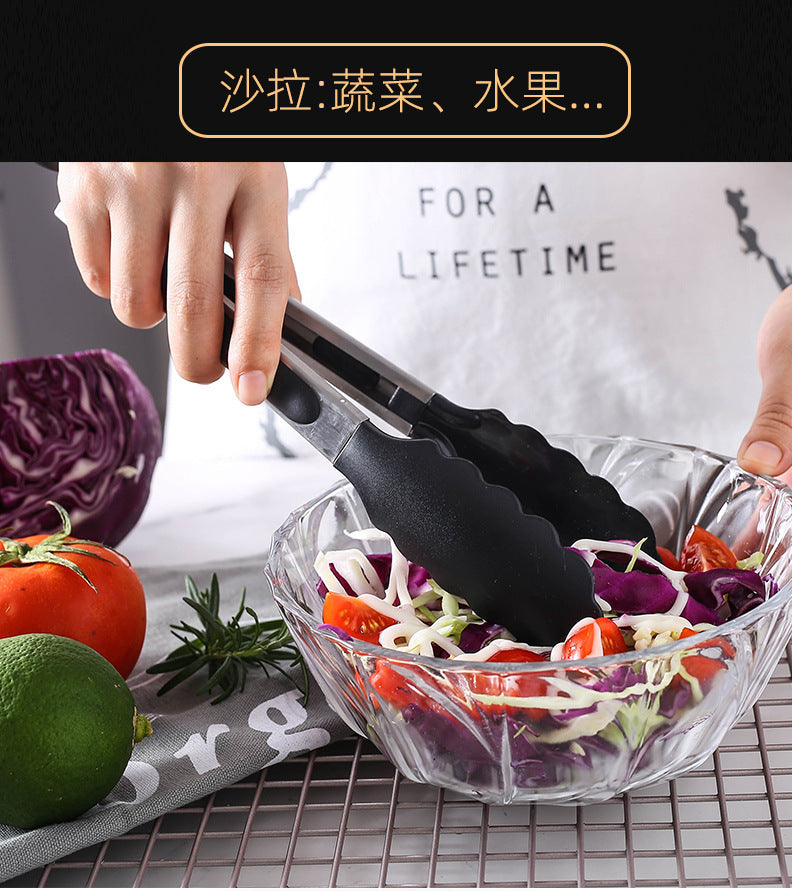 Cross-Border Black Silicone Clips, High Temperature Resistant Kitchen Food Frying Stainless Steel Fried Steak Clips, Special Food Clips for Cooking