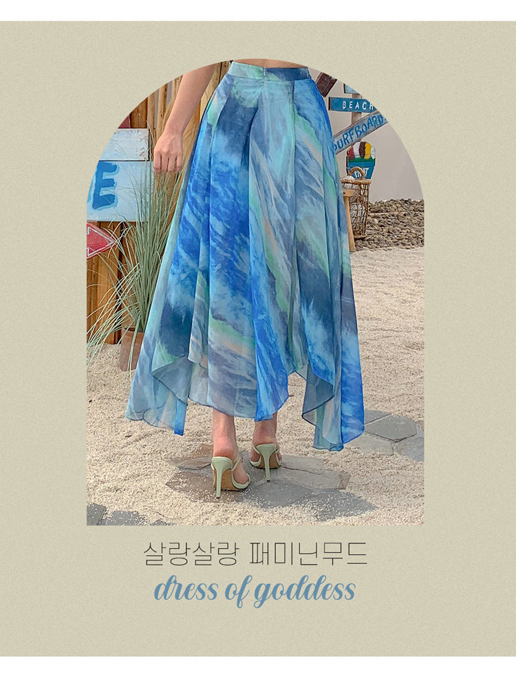 Foreign Trade Women's 2025 Summer New Temperament Sling Long Dress Fashion Waist Chiffon Printed Large Swing Dress dress