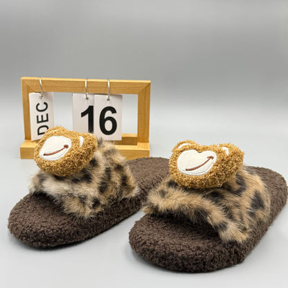 2025 Autumn and Winter New Leopard Print Warm Fur Slippers, One-Line Outer Wear Cotton Slippers, Home Slippers, Fashionable Outer Wear Slippers for Women