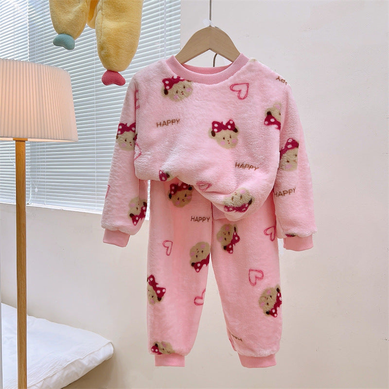 Men's and Women's Flannel Pajamas suit Autumn and Winter Middle and Big Children's Warm fleece-lined Thickened Autumn Clothes and Pants Home Clothes