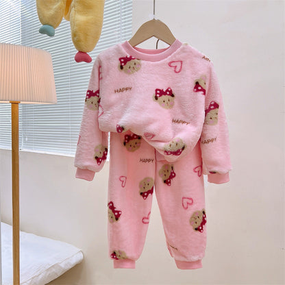 Men's and Women's Flannel Pajamas suit Autumn and Winter Middle and Big Children's Warm fleece-lined Thickened Autumn Clothes and Pants Home Clothes