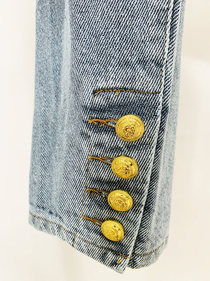 In Stock 2026 European and American Celebrity Style New Round-Neck Lion Buckle Ultra-Short Washed Denim Jacket