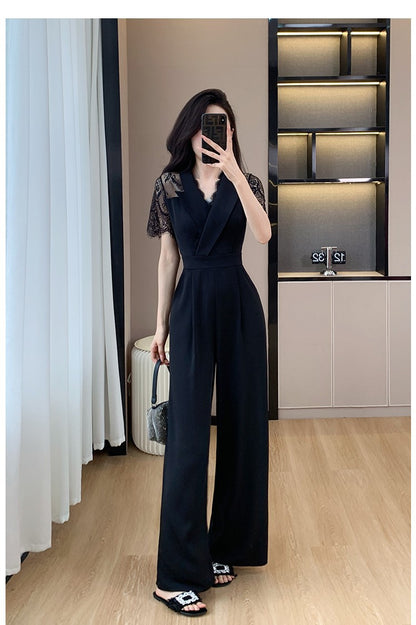 Cross-border High Leng Yujie Style Pants Women's Summer Short-sleeved High Waist Lace Stitching Hollow-out Pants Straight Pants