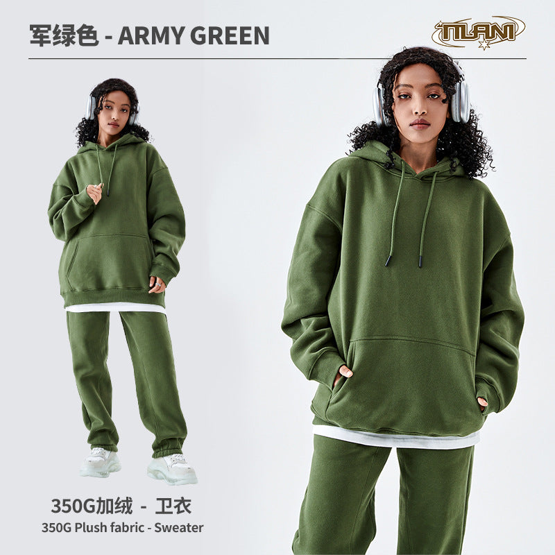 Tilani Men's Clothing European and American Trendy Brand High Quality 350g Fleece-Lined Thick Men's and Women's Hooded Sweatshirt and Sweatpants Pure Color Suit