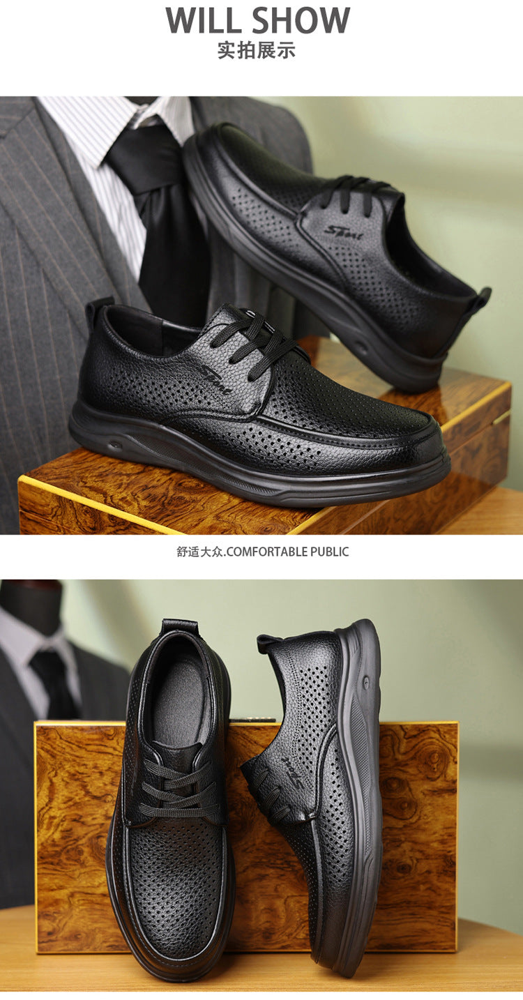 Summer Men's Shoes for Middle-Aged and Elderly People, Genuine Leather Breathable Men's Sandals, Leather Shoes, Soft Soles, Hollow Casual Shoes, Clogs